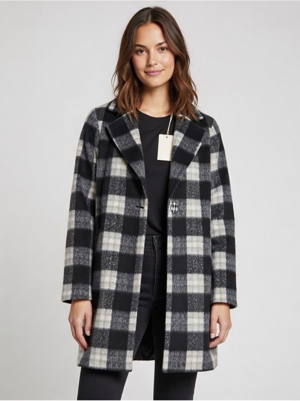 New Womens Black & White Plaid fully lined long Coat